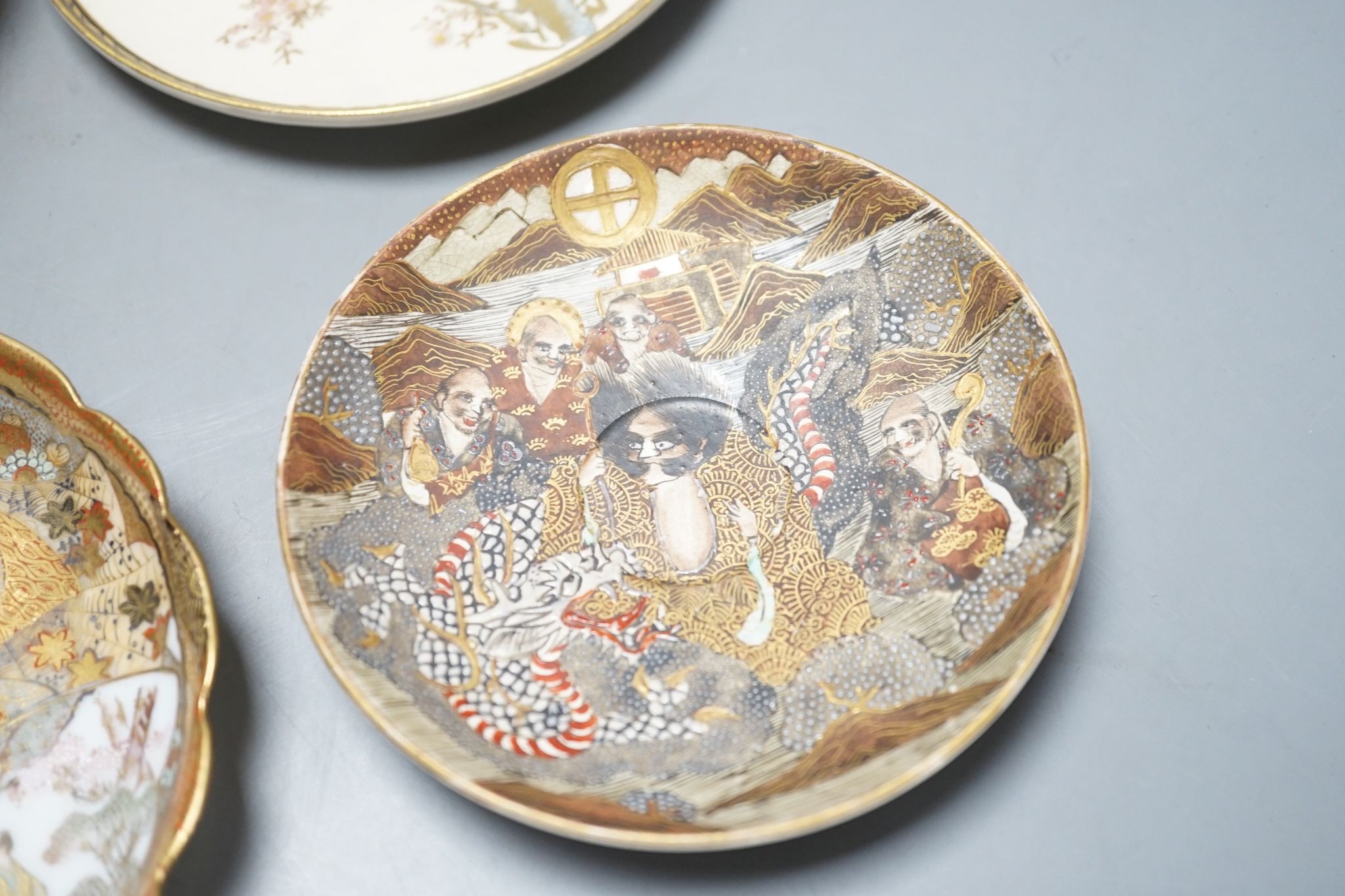 Two Japanese Satsuma pottery saucers, three Kutani saucers, and Imari dish and a Japanese cloisonné enamel koro and cover